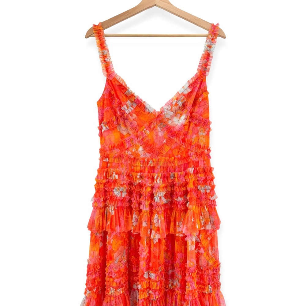 NWT Mac Duggal Orange Sleeveless Floral Ruffle A-Line Maxi Dress - Size 8 - Picture 6 of 14